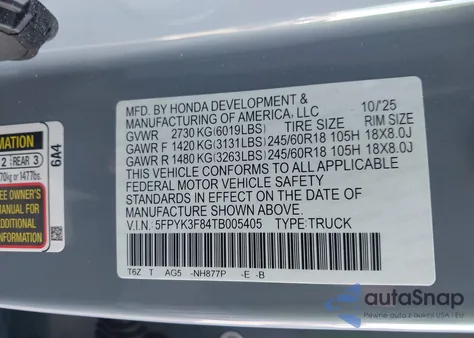 2026 Honda Ridgeline Black Edition z USA, uszkodzony, nr VIN 5FPYK3F84TB005405